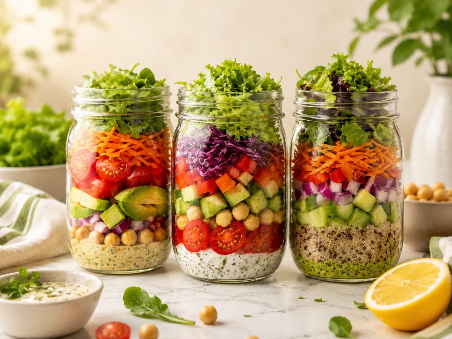 Trio de saladas em potes de vidro